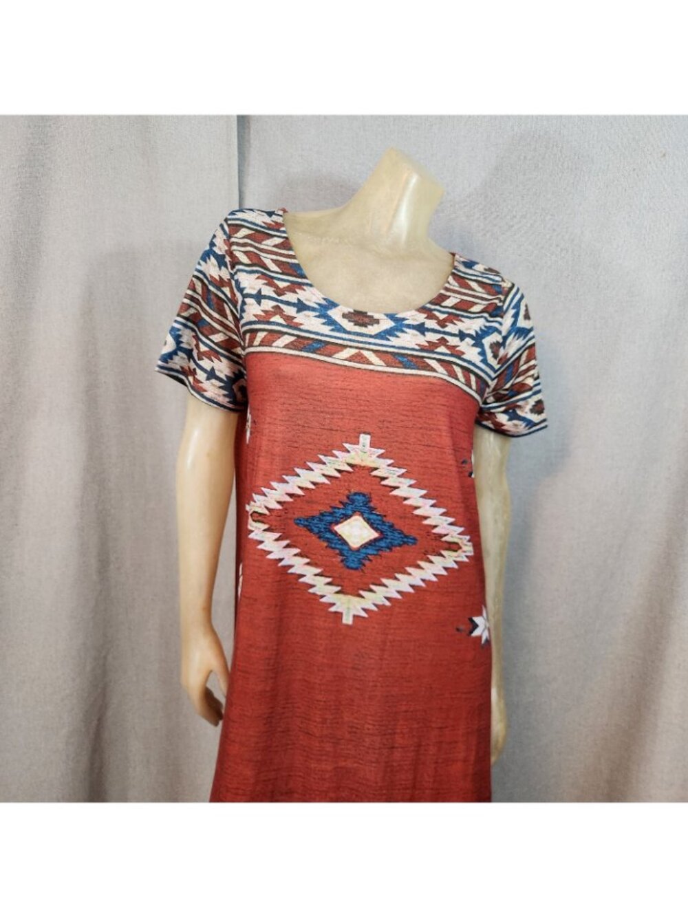 Southwestern Style Blue Orange Pattern Short Slv Scoop Nck Long Dress Maxi LARGE - Picture 2 of 9